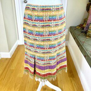 Max Mara Weekend Skirt Wool Blend Colorful Stripes Yellow Multi Pleats Fringe (8